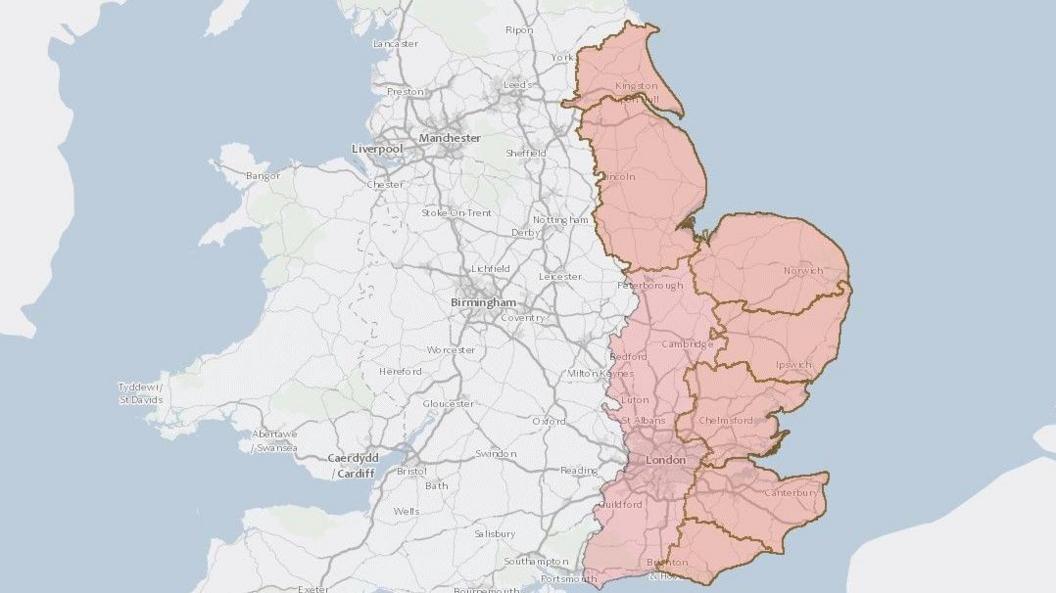 A screenshot of a map from the government's website, showing zone areas from East Yorkshire down to Surrey and Sussex