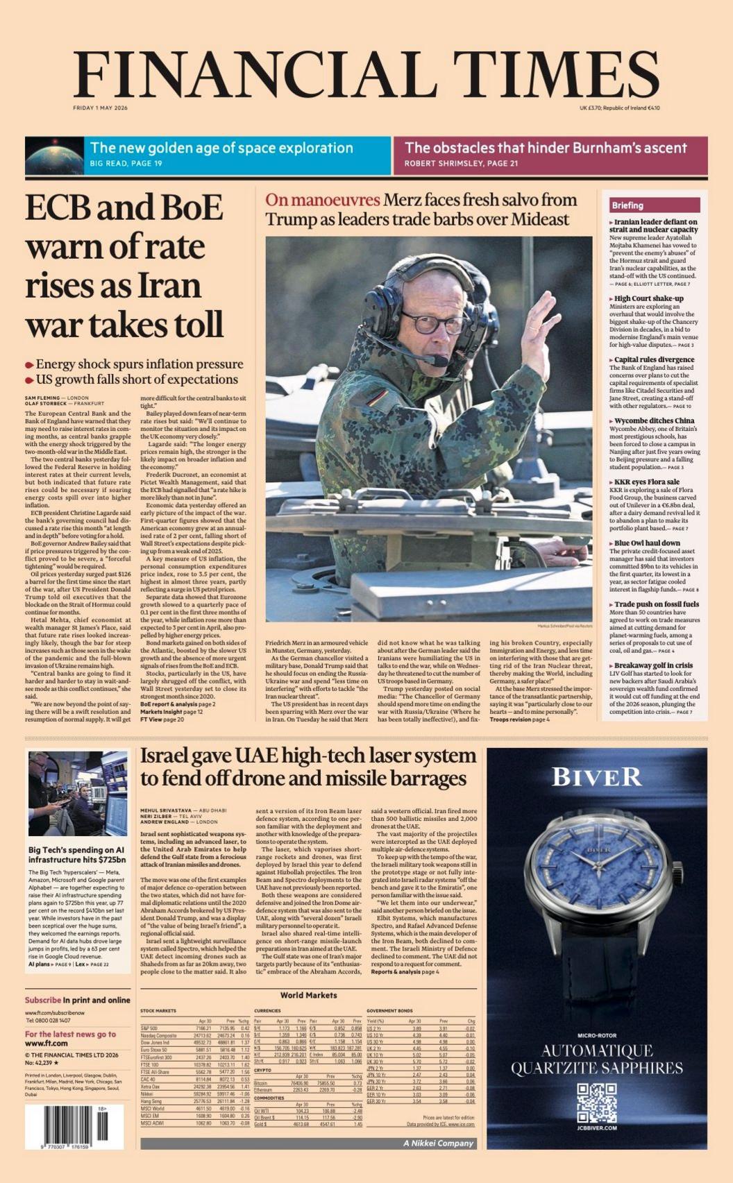 Titulli në faqen e parë të Financial Times thotë: “BQE dhe Banka e Anglisë paralajmërojnë për rritje të normave të interesit, ndërsa lufta me Iranin merr pasojat e saj”.