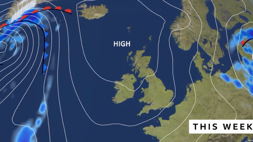 meteorological pressure chart showing a large area of high pressure to the north of the UK