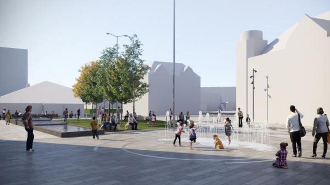 A drawing of a tree lines paved area with lots of people walking about it and a water feature running down the middle. All the buildings surrounding it are coloured white. There are water fountains in the foreground with children playing in them