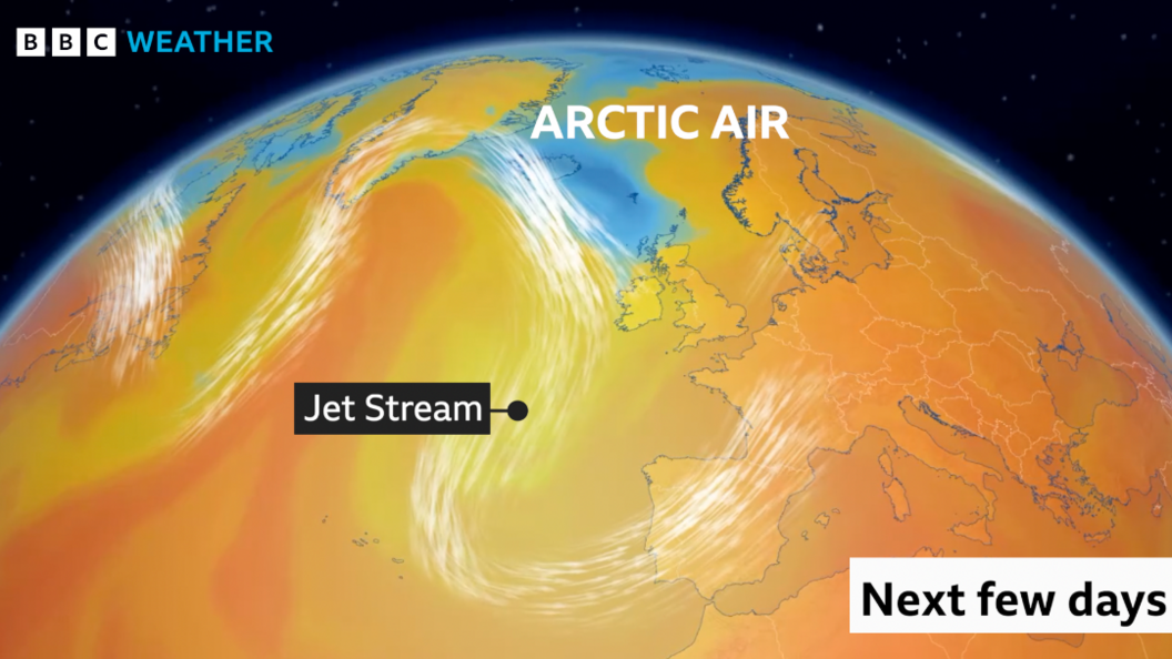 鶹Լ Weather map of Europe and the north Atlantic with air mass overlaid. Over the UK there are blue colours indicating colder air originating from the Arctic.  White streamlines indicating the jet stream is meandering and diving to the south of the UK