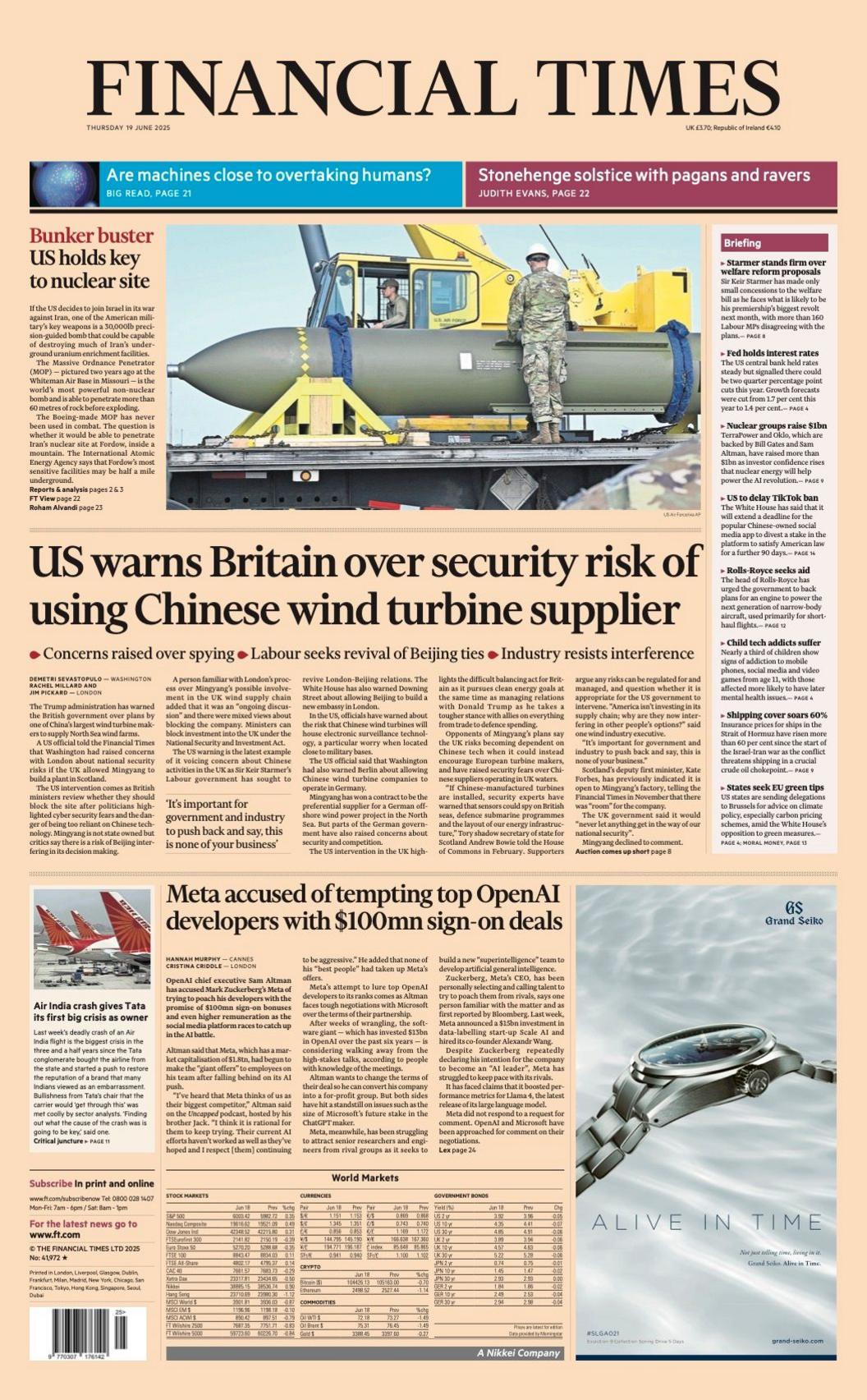The headline on the front page of the Financial Times reads: "US warns Britain over security risk of using Chinese wind turbine supplier".