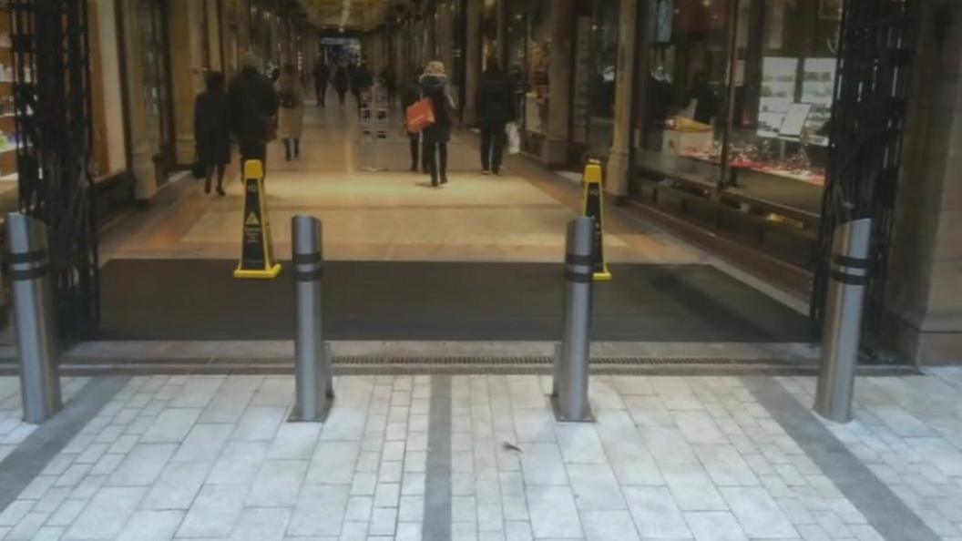 Bollards outside the County Arcade in Leeds