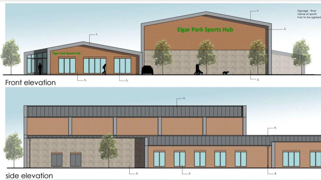 Two artist impressions on what the Elgar Park sports hall will look like, it is a two-storey building with windows.