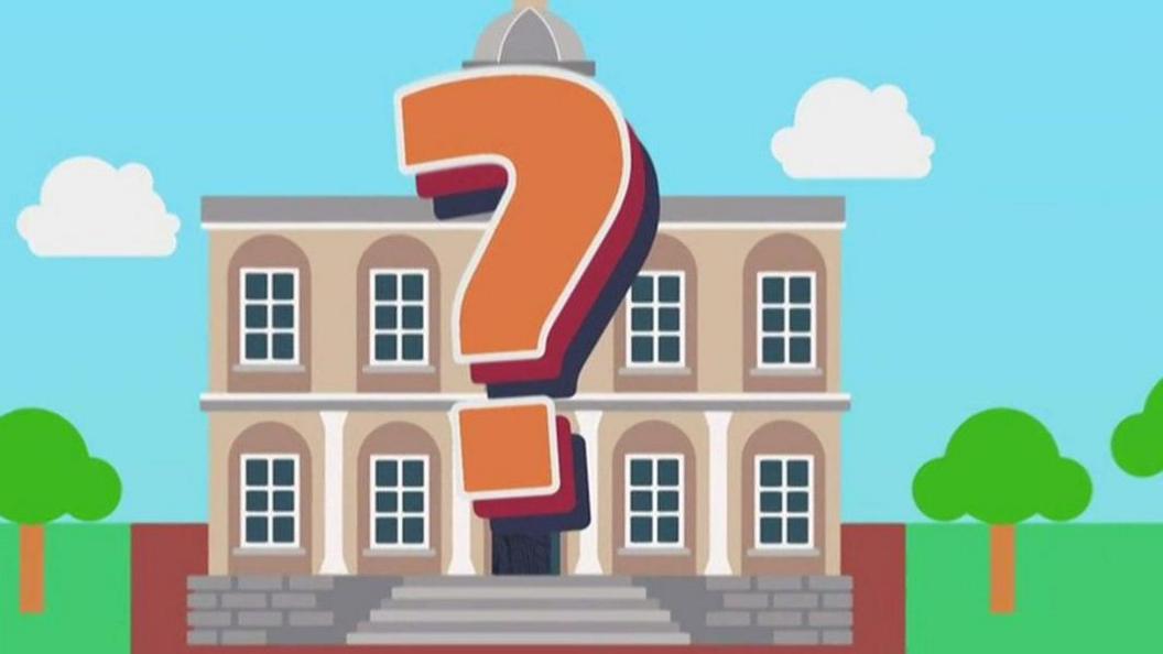 a town hall with a question mark over it