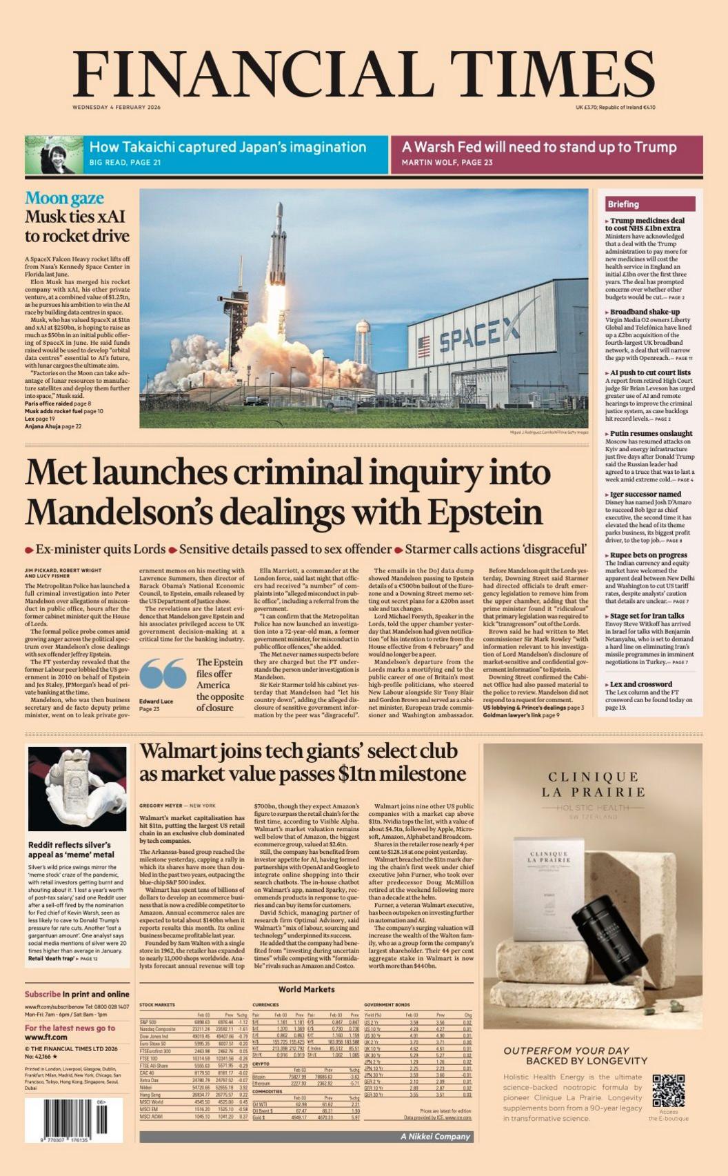 “Met nis hetim penal mbi marrëveshjet e Mandelson me Epstein”, shkruhet në titullin kryesor të faqes së parë të Financial Times.