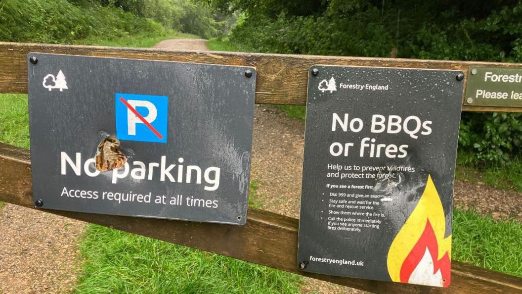 Damaged signs at Haldon Forest Park