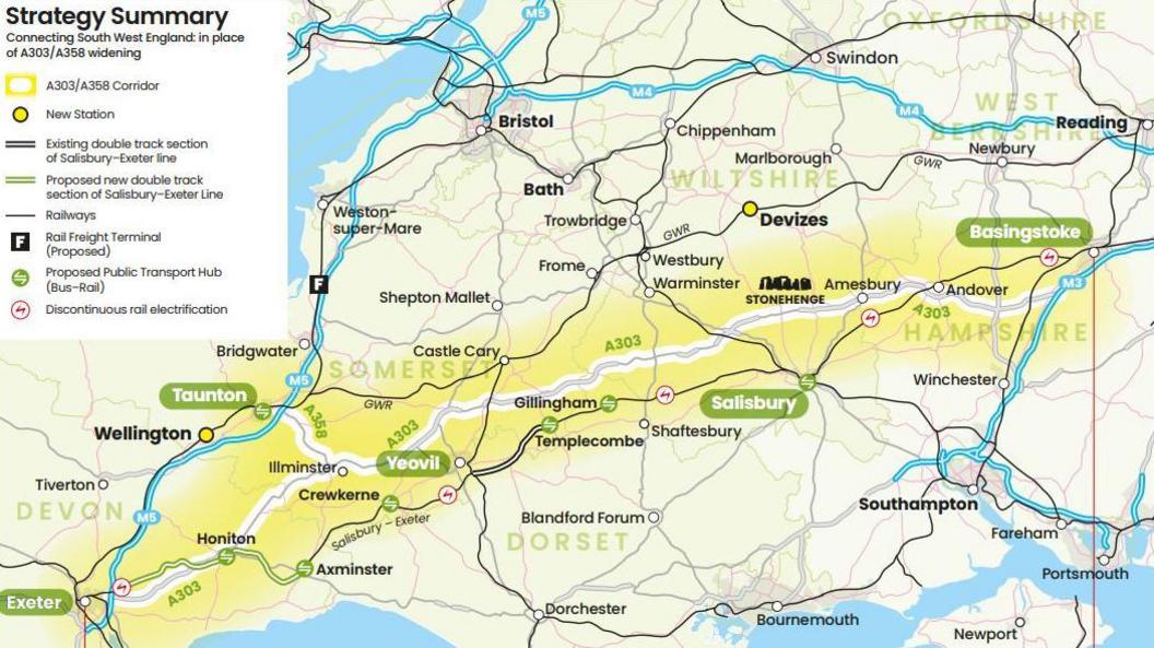 A map showing Basingstoke to Exeter - showing the route that the updated rail line would follow