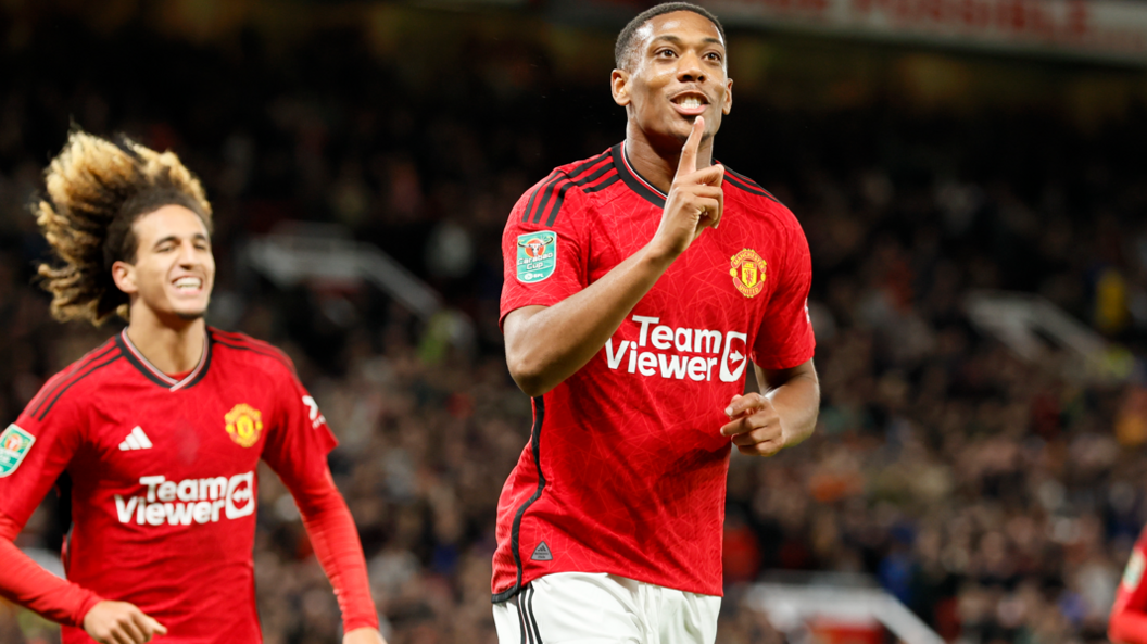 Anthony Martial celebrates scoring for Manchester United against Crystal Palace in a Carabao Cup tie in 2023