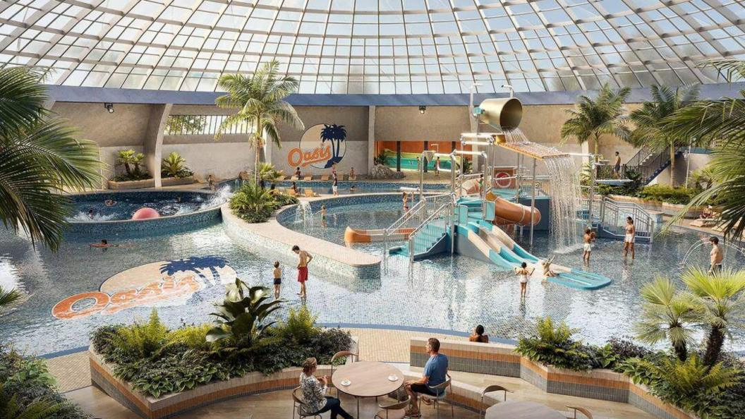 An artist's impression drawing of what the Oasis centre refurbishment will look like. It is a large clear dome with a pool beneath and lots of plants and palm trees dotted around. There are various sections and levels to the pool, as well as waterfalls, fountains, splash pools and slides.