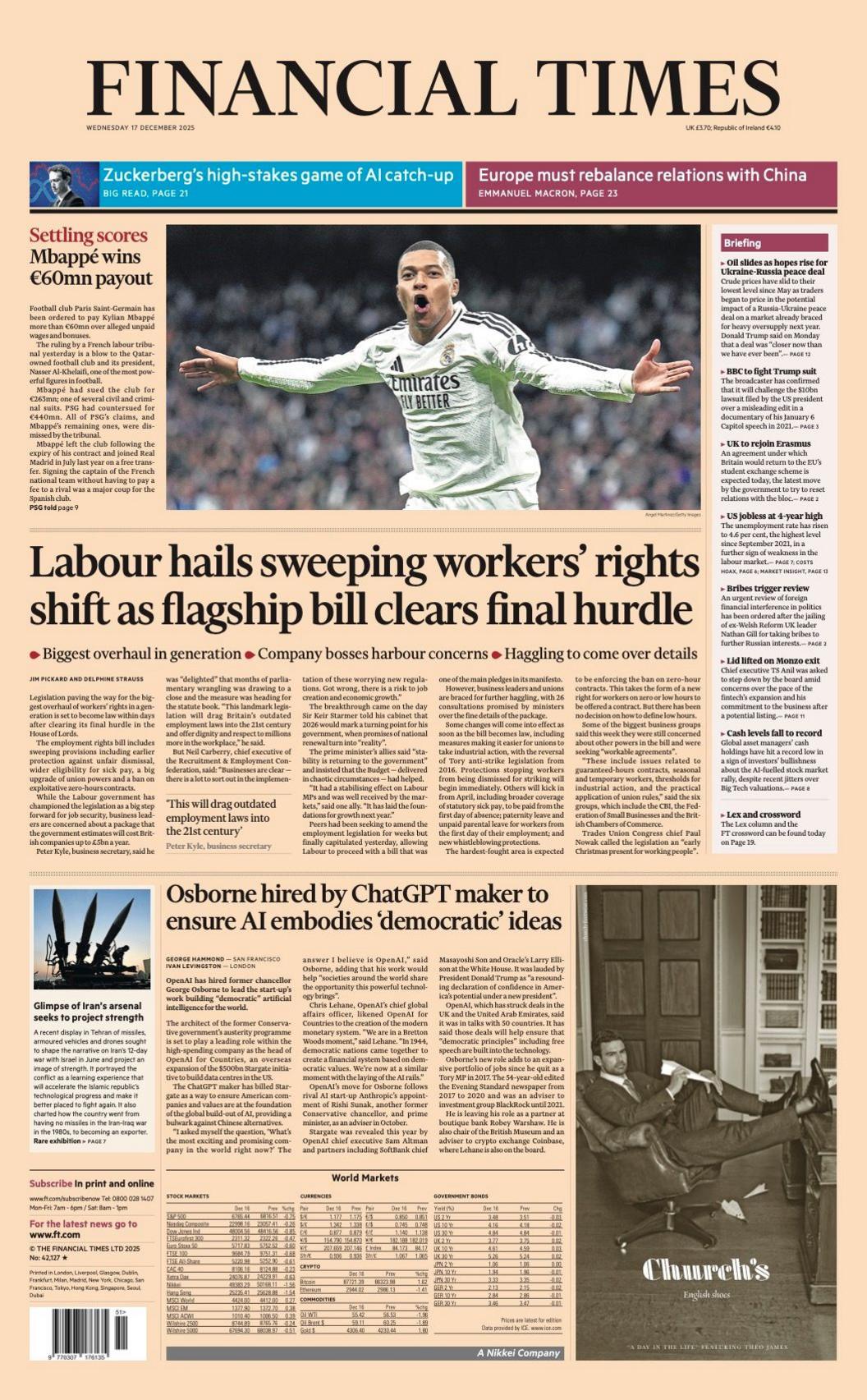 The headline on the front page of the Financial Times reads: "Labour hails sweeping workers' rights shift as flagship bill clears final hurdle".