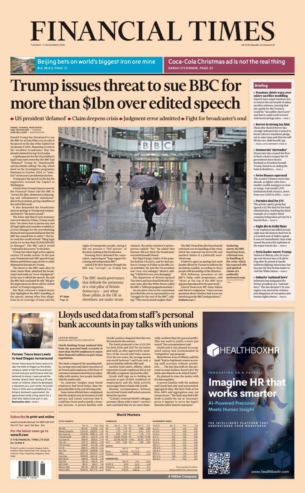 The headline on the front page of the Financial Times reads: "Trump issues threat to sue BBC for more than $1bn over edited speech".