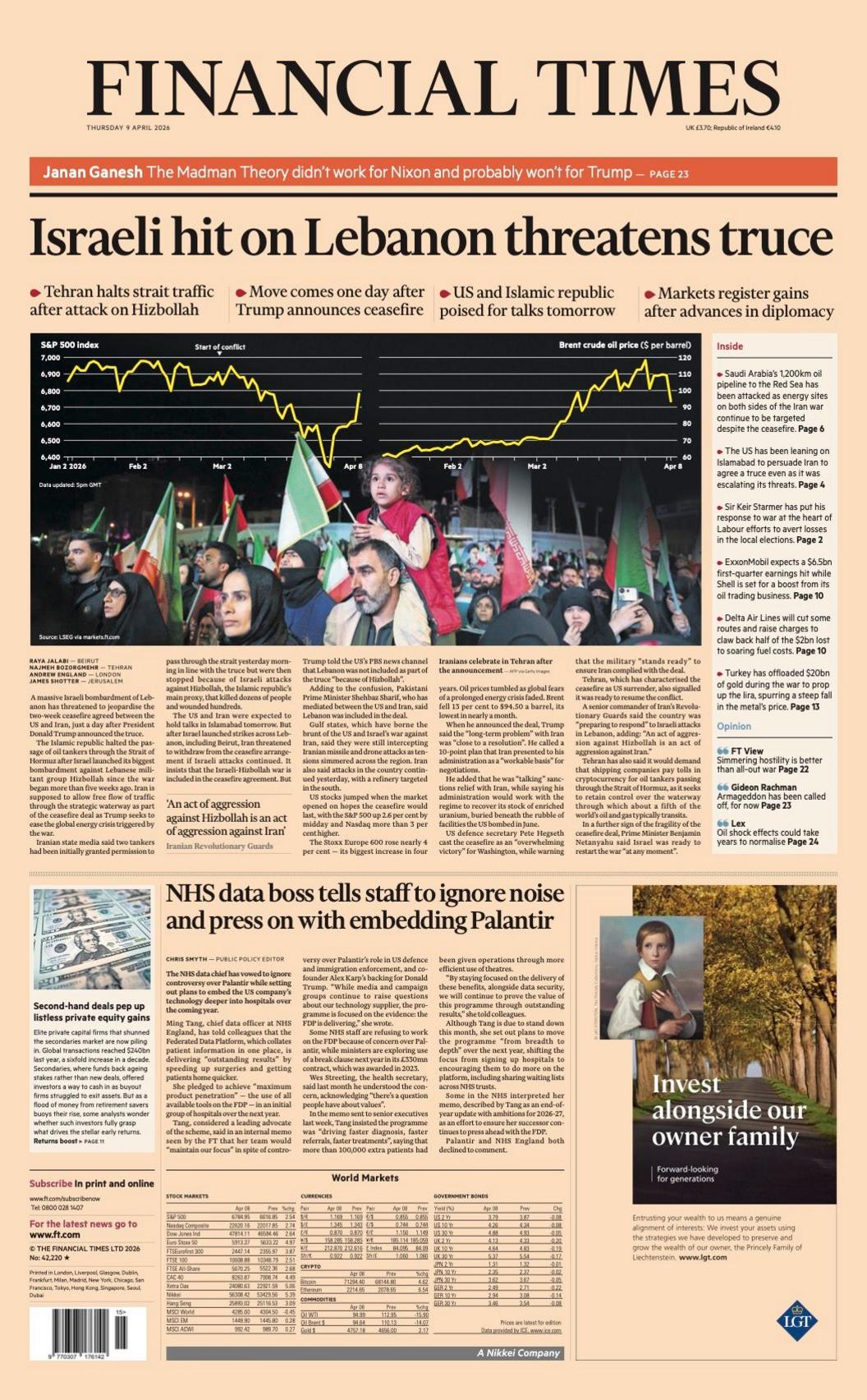Titulli në faqen e parë të Financial Times thotë: “Sulmi izraelit ndaj Libanit kërcënon armëpushimin”.