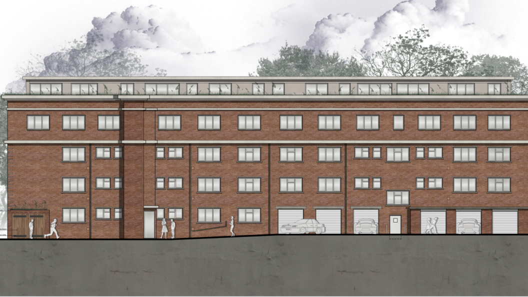 An artists impression of the plans for the rear elevation of Park Court. A brick lift shaft can be see on the left of the picture. The building has 5 storeys.