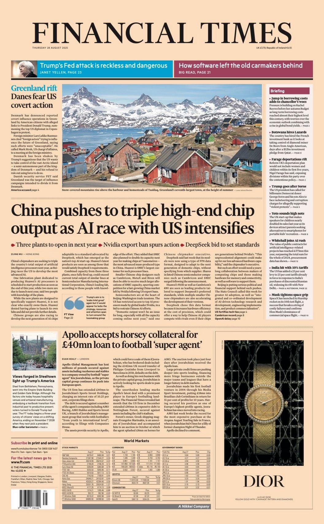 The headline on the front page of the Financial Times reads: "China pushes to triple high-end chip output as AI race with US intensifies".