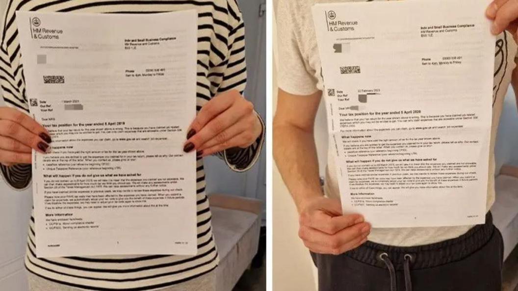 Composite image showing two people holding up letters to the camera. The people have been anonymised and the letters redacted to remove any text which might identify them.