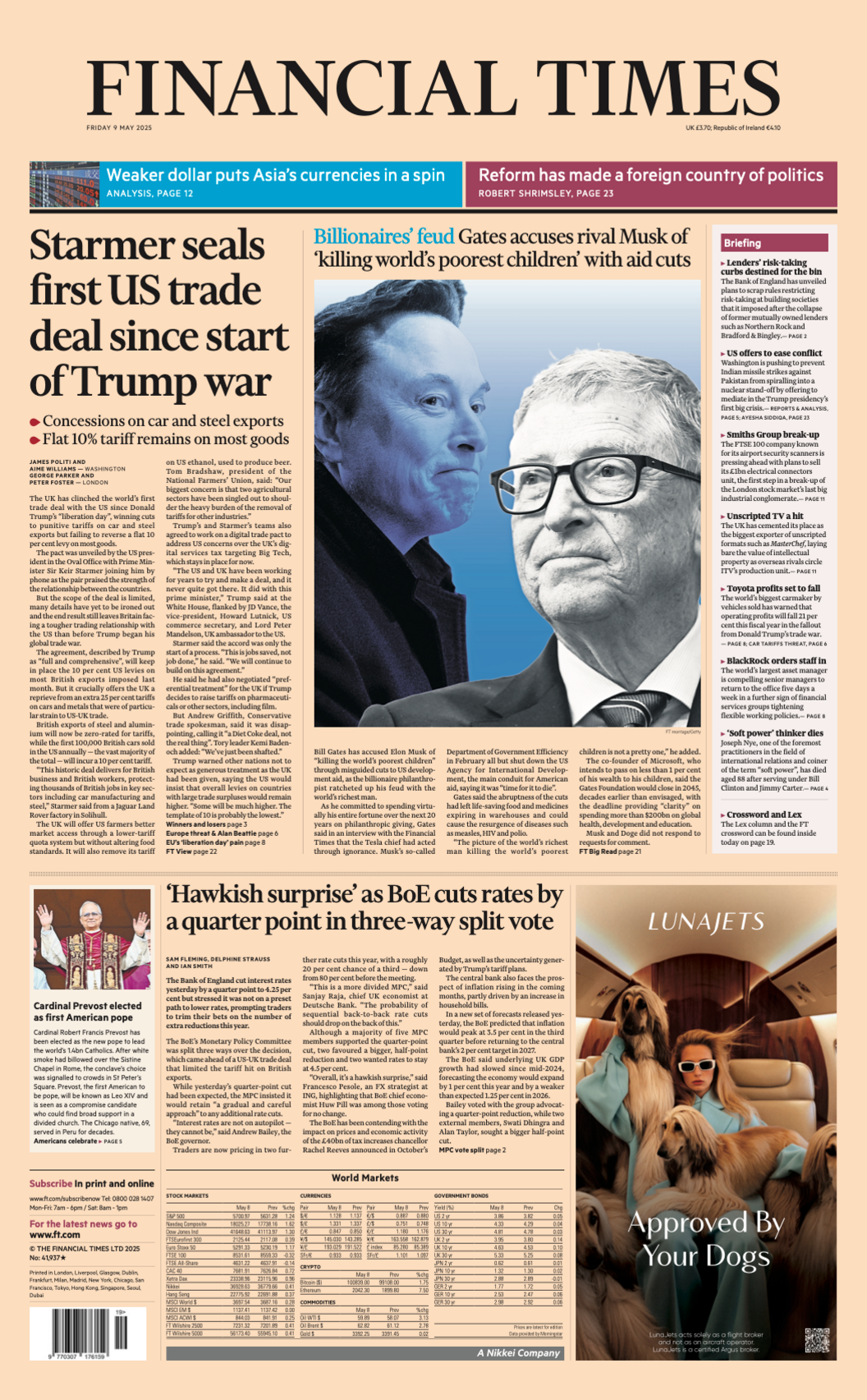 The Financial Times' top story reads "Starmer seals first US trade deal since start of Trump war". The paper's picture story shows Elon Musk and Bill Gates in black and white under the headline "Billionaires' feud".