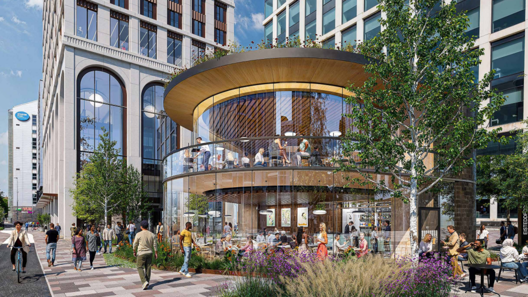 Visualisation of the planned pavillion restaurant next to the skyscraper in Central Square, Cardiff city centre.
