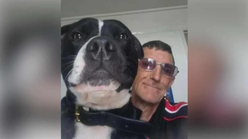 A close-up photo of a black and white dog's head. Next to it is a man wearing glasses. Both are looking into the camera. 