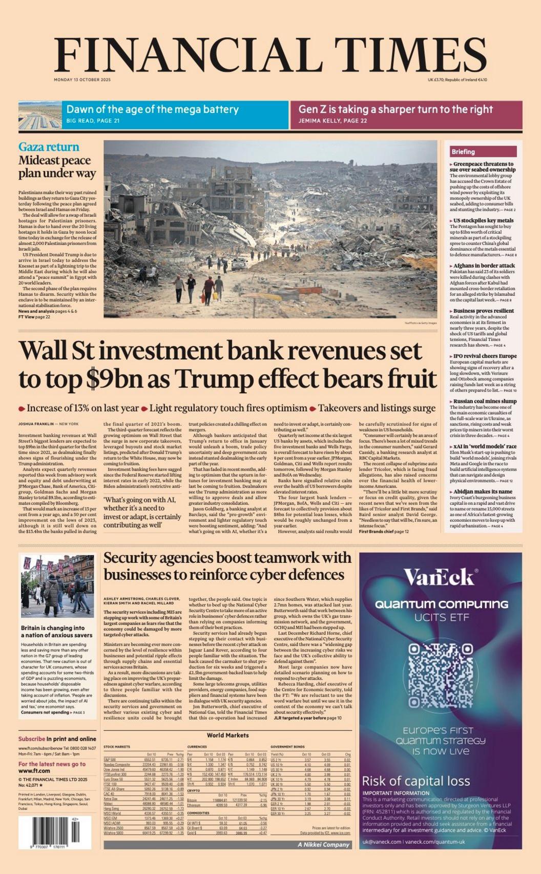 The headline on the front page of the Financial Times reads: "Wall St investment bank revenues set to top $9bn as Trump effect bears fruit".