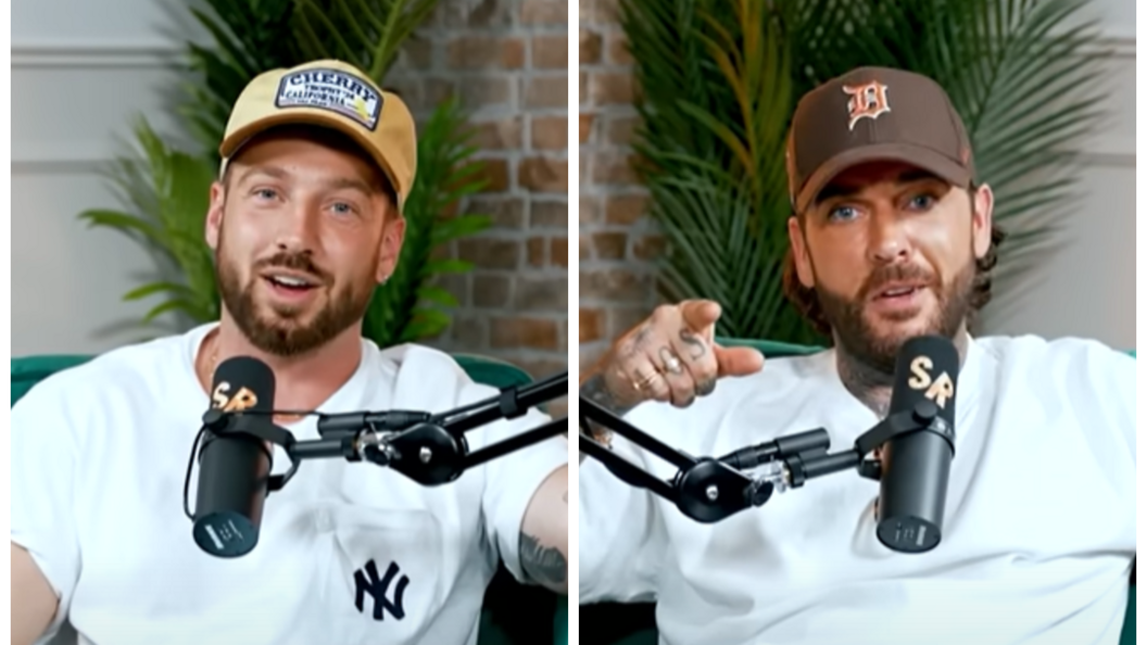 A split photo showing two men in white t-shirts and caps speaking into a small black microphone