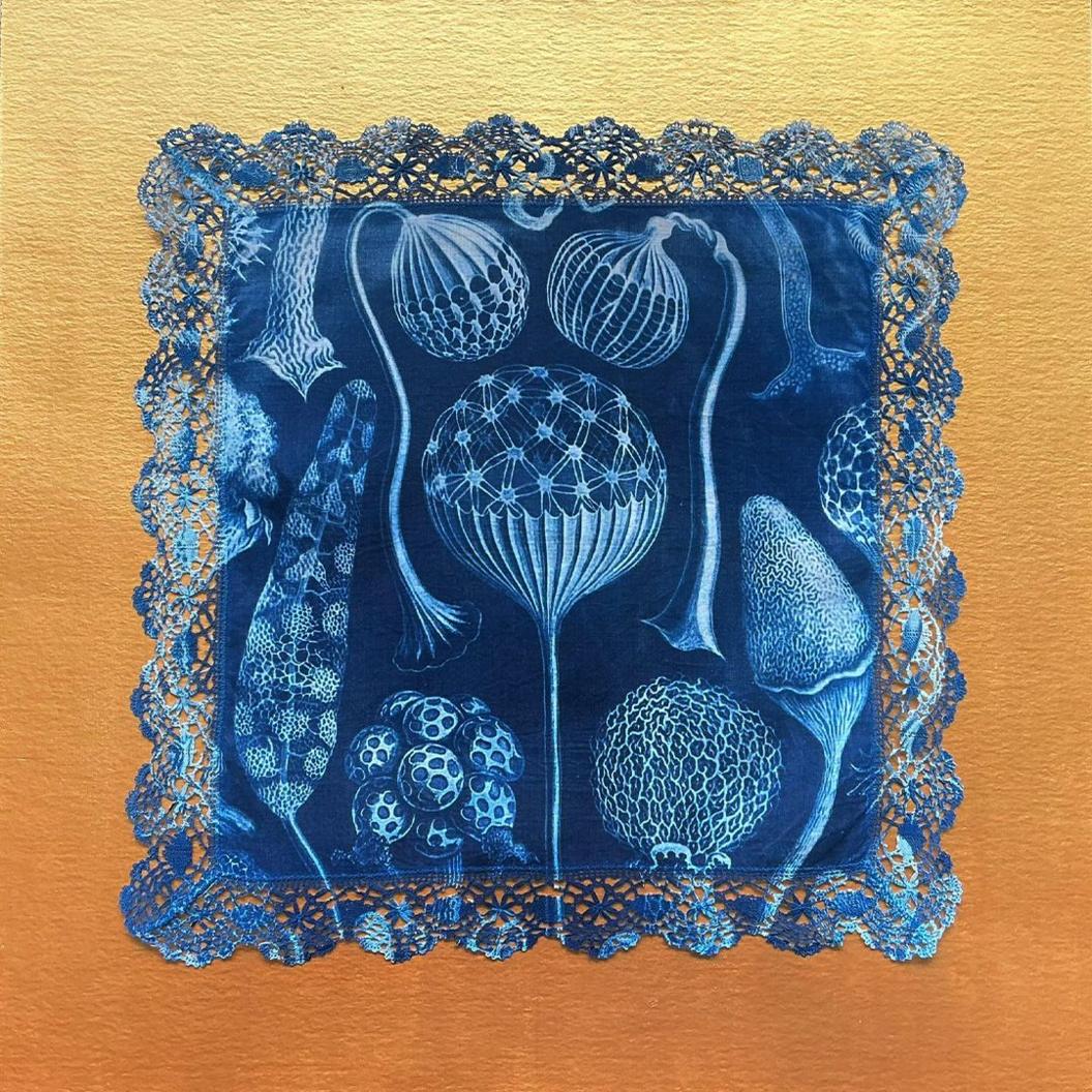 Darn o waith celf cyanotype gan Mary Thomas