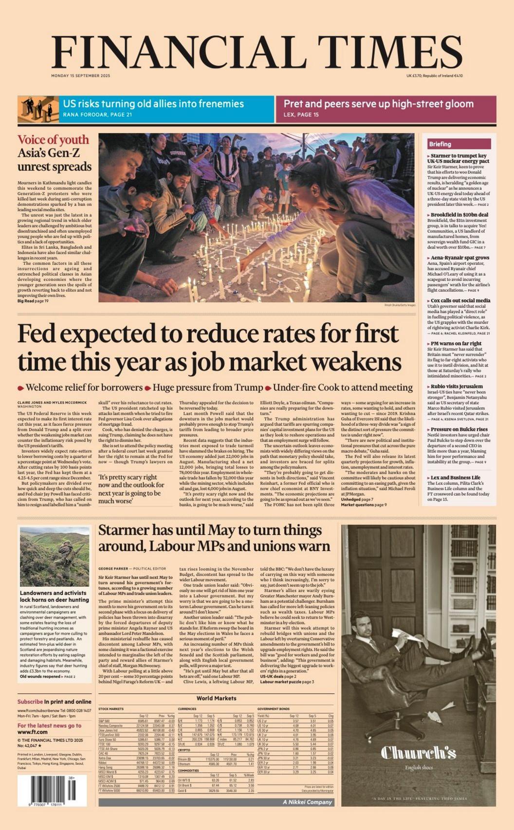 The FT's lead headline is "Fed expected to reduce rates for first time this year as job market weakens"
