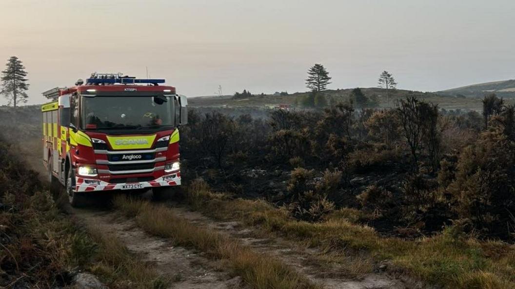 A fire engine is driving through a section of heathland. The fire engine is red with some bright yellow and white markings. There are hints of smoke wafting from some of the hedging as the vehicle drives past. The land looks mostly green with grass and hedging and there are some trees dotted across the land in the distance.