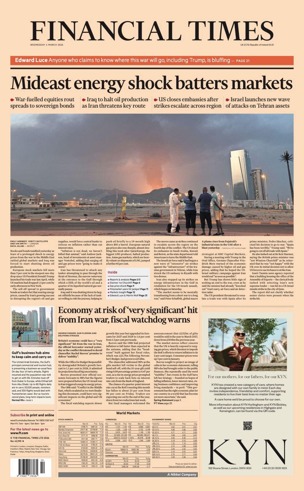 Titulli në faqen e parë të Financial Times thotë: “Goditja e energjisë në Lindjen e Mesme godet tregjet”.