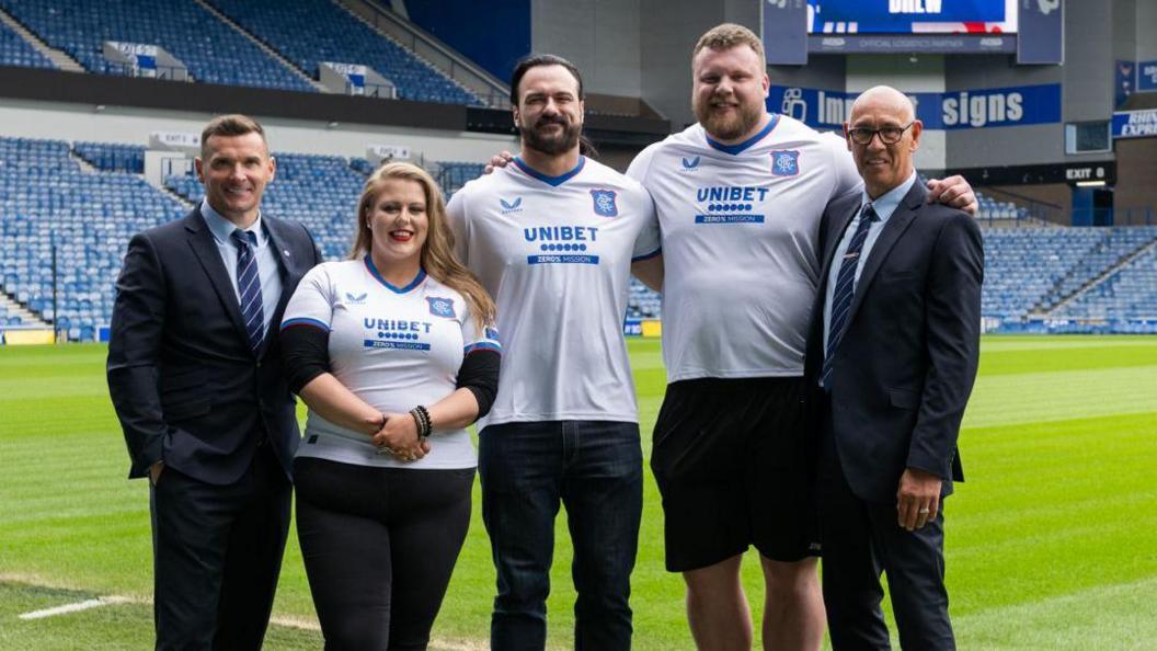 Drew McIntyre at Ibrox with Piper Niven, Tom Stoltman, Lee McCulloch and Mark Hateley