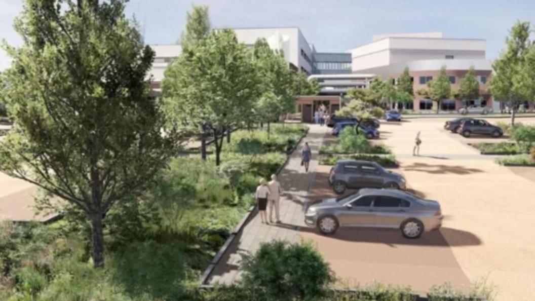 Government plans of the new hospital. This drawing shows a hospital building in the distance. In the foreground are trees, people and cars. 