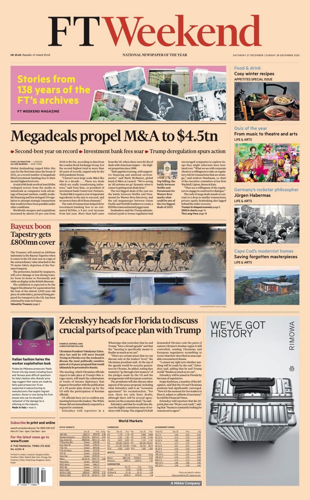 Titulli në faqen e parë të Financial Times thotë: "Megamarrëveshjet i çojnë bashkimet dhe blerjet në 4.5 trilionë dollarë".