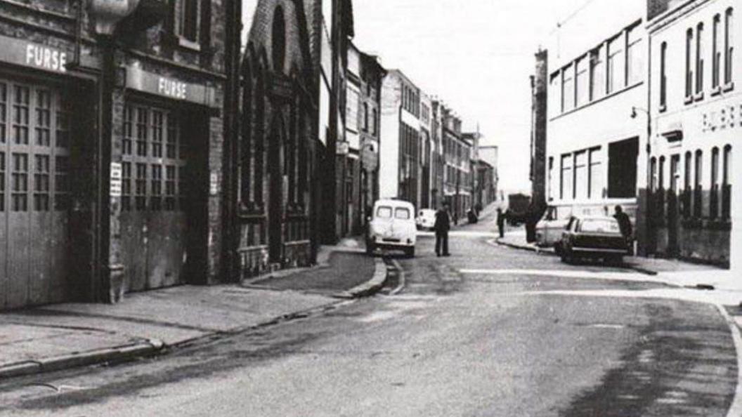A grainy, black and white photograph of Traffic Street in Nottingham showing the former Furse buildings - an electrical engineering company