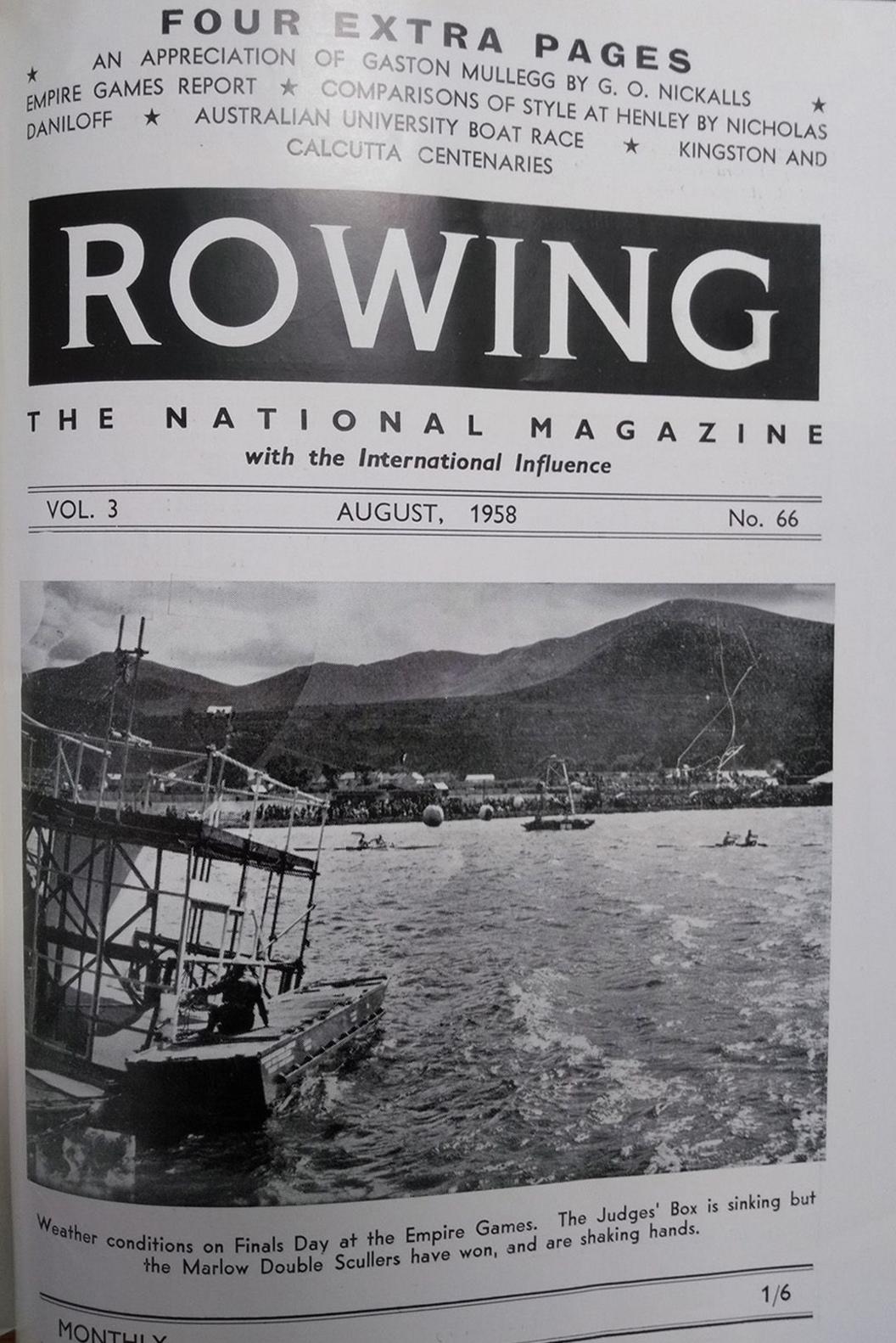 Clawr y cylchgrawn 'Rowing' o 1958 yn dangos y tywydd garw ar ddiwrnod olaf y gystadleuaeth