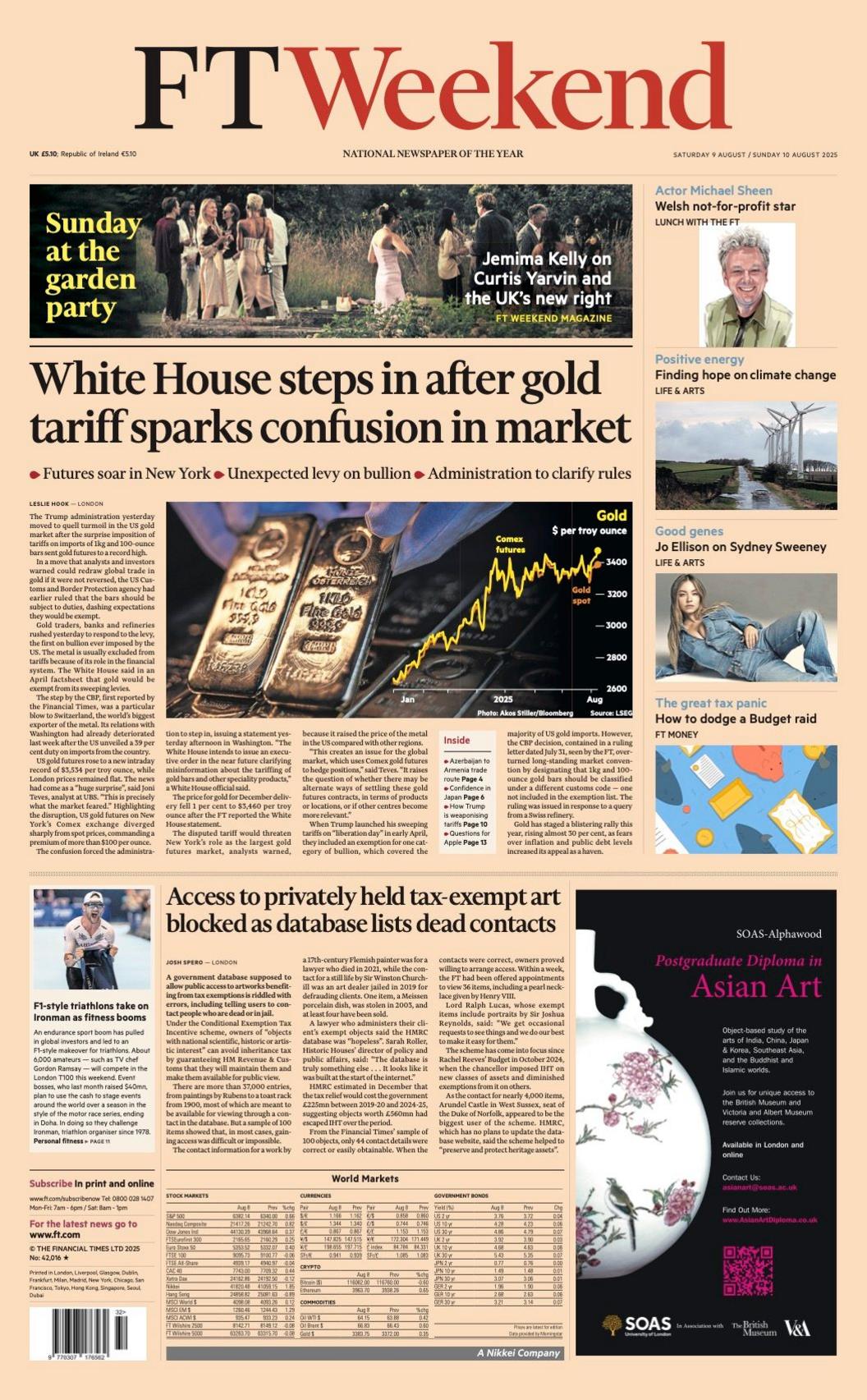 The headline on the front page of the Financial Times reads: "White House steps in after gold tariff sparks confusion in market".