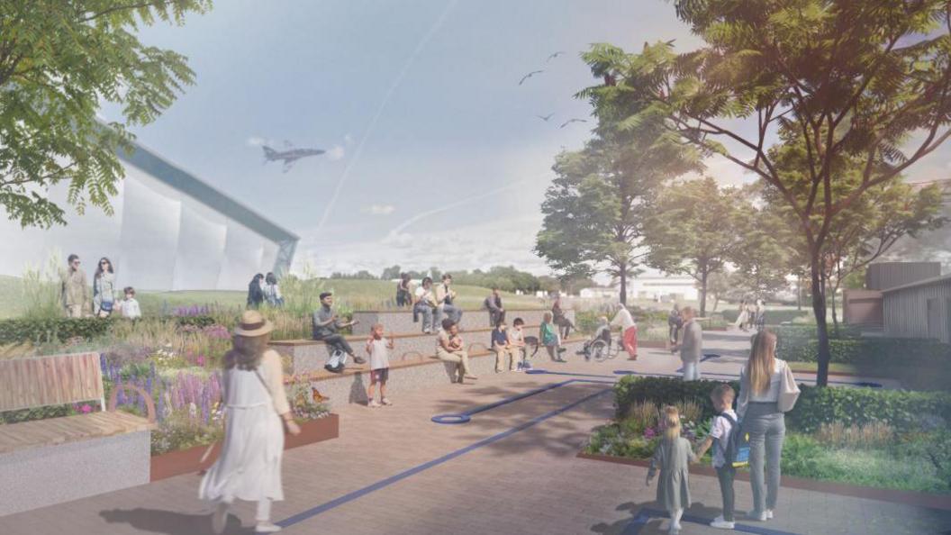 A drawing of an open space in between large buildings with people walking around it