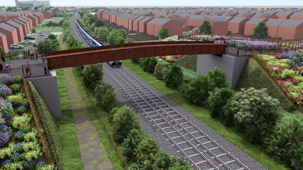 An artist's impression of a new bridleway bridge over the railway line at Woodmansey. The image features brightly landscaped embankments and Beverley minster can be seen in the background.