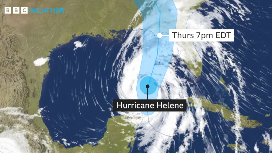 ˿ Weather map of the Gulf of Mexico with a satellite image of Hurricane Helene and its expected track. By Thursday 7pm local time it will start to make landfall on the Big Bend of Florida