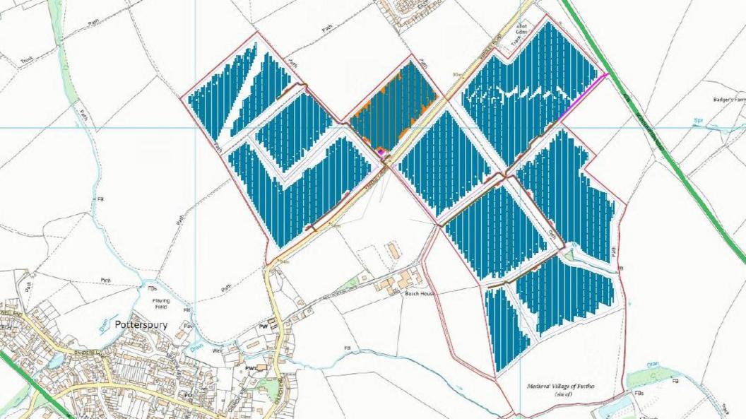 An annotated map showing the proposed layout of the scheme, with the solar panels mapped indicated by blue sections between Potterspury and Yardley Gobion.