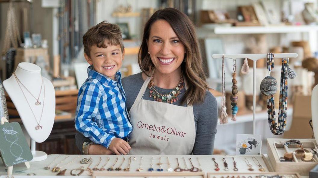 An AI-generated image showing a woman with brown hair holding a child in her arms and standing next to a table filled with necklaces. 