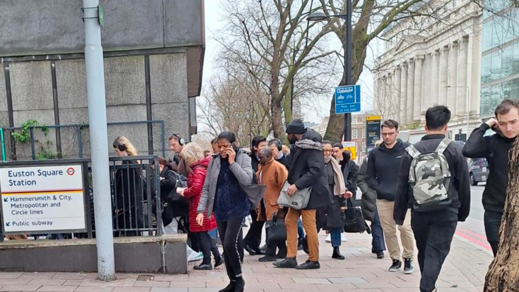 Crowds around the entrance to Euston Square tube station on Euston Road