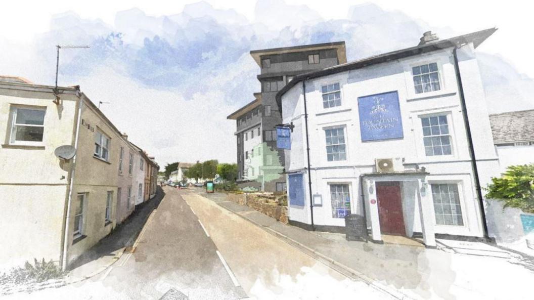 In an artist's impression, a quiet road features a two-storey white building with a white facade and blue signage. Behind it, the proposed new building, is, in contrast, grey, much taller and has some jutting out upper floors.