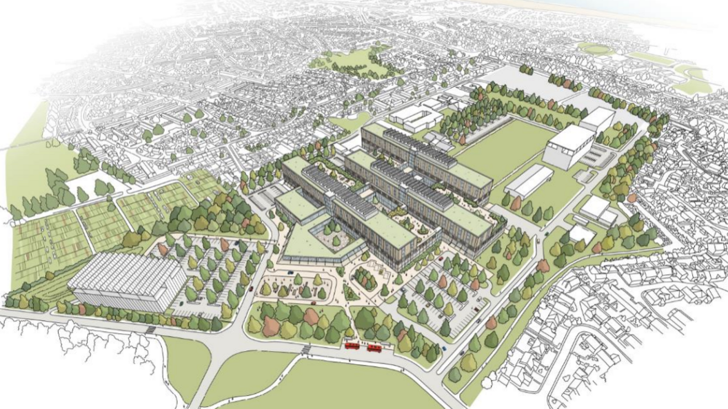 A drawing of the initial plans for the new hospital, showing the proposed buildings and the wider community around it.