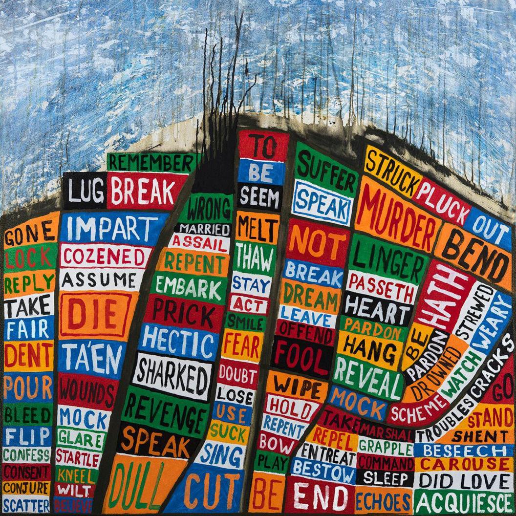 The cover of Radiohead's 2003 album Hail to the Thief, which has been redesigned to promote the new show, with the original words replaced by words which reflect the themes of Hamlet