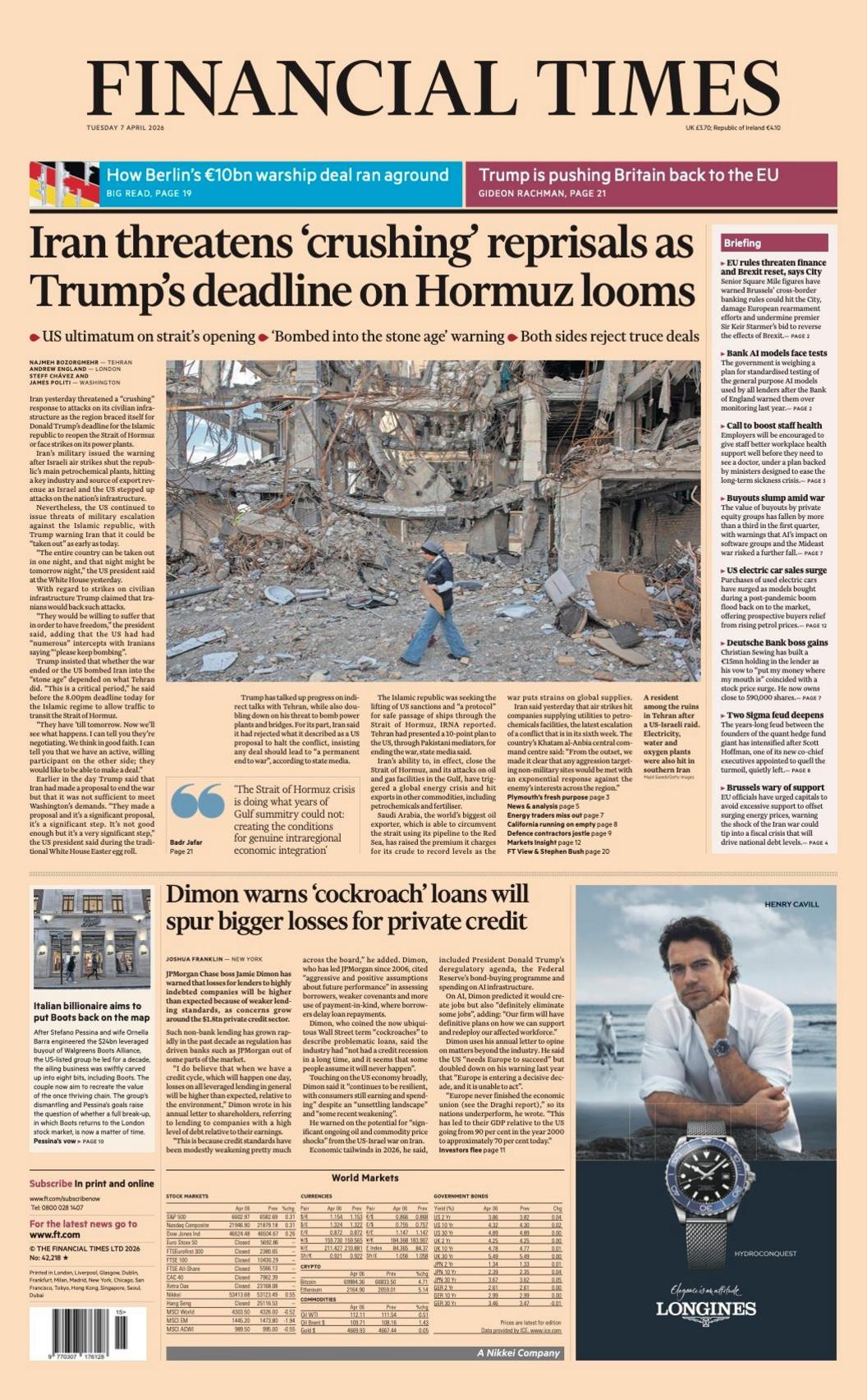 Titulli në faqen e parë të Financial Times thotë: “Irani kërcënon me hakmarrje ‘shkatërruese’ ndërsa afati i fundit i Trump për Hormuzin po afron”.