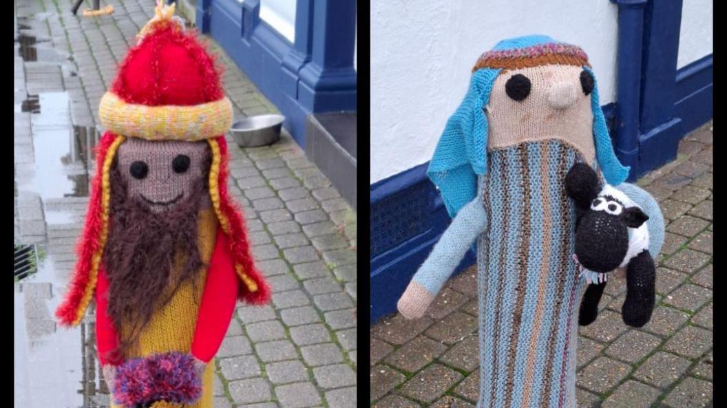 A collage with three photos next to each other. The pictures show knitted covers placed over bollards depicting characters from the nativity. This picture shows one of the kings and a shepherd.