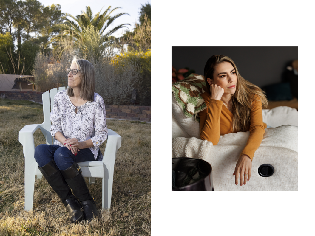 Danni Ackerman sits outside on a white garden chair. She is wearing blue jeans, black boots and a white blouse. She has brown hair and is wearing glasses.  Jordan Lux sits indoors on an armchair. She has long brown hair and is wearing a light brown, long sleeve top