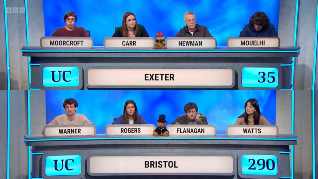 A split screen showing University Challenge contestants.