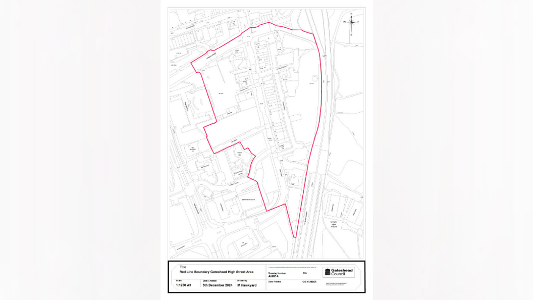 A white and black map of Gateshead town centre which has a red line around an area in the centre of it.