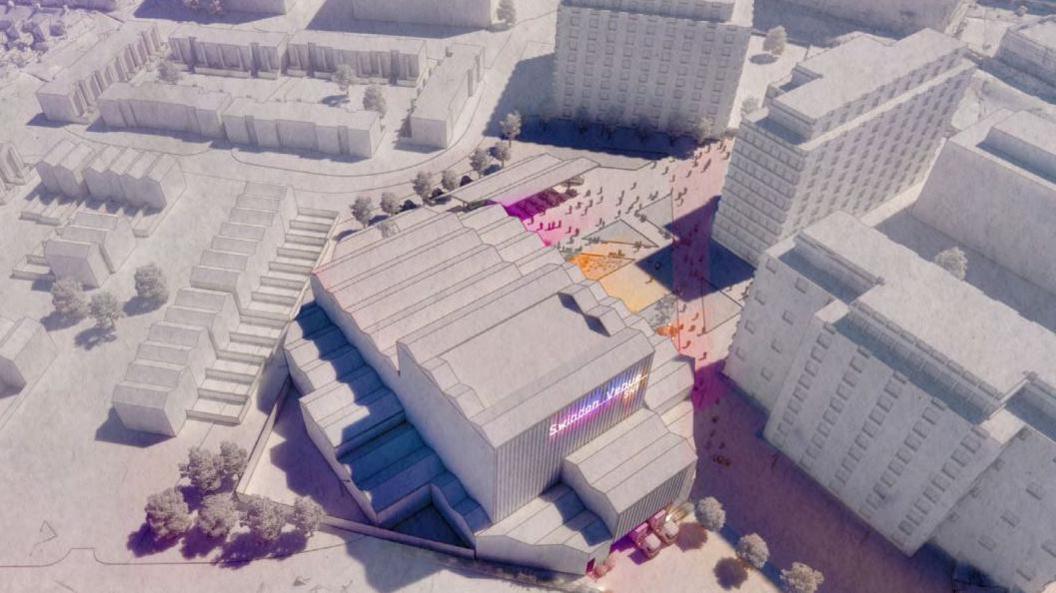 A birds-eye impression of what the new venue might look like. A large building with a square next to it. Digital impression, mostly grey.